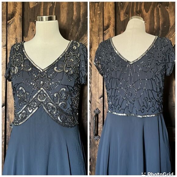 NWT J Kara V-Neck Beaded Cap Sleeve V Neck Maxi Evening Sheath beaded grey Dress - Picture 5 of 8